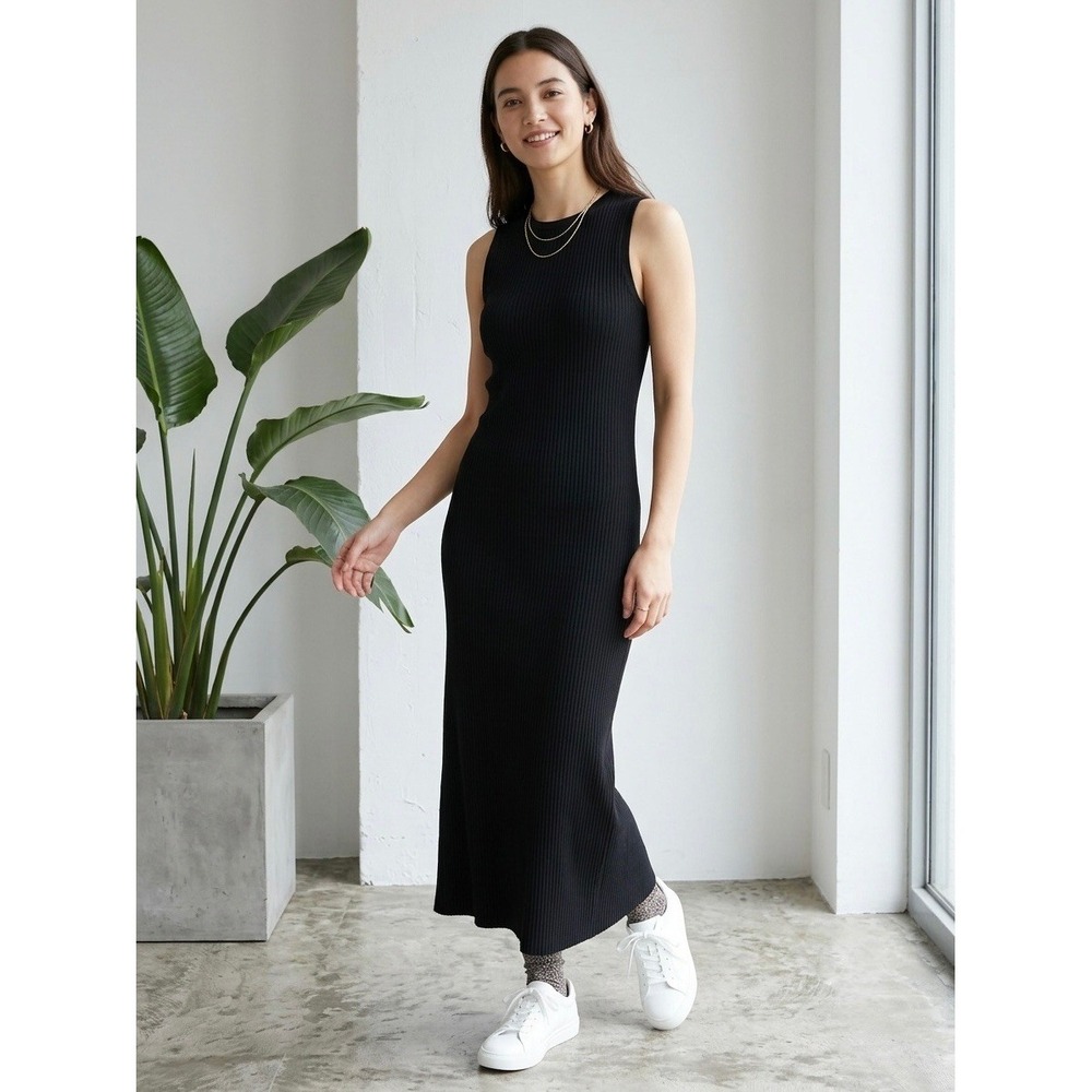 Uniqlo Black Ribbed Sleeveless Maxi Dress Cotton Modal Crew Neck 460601 Small